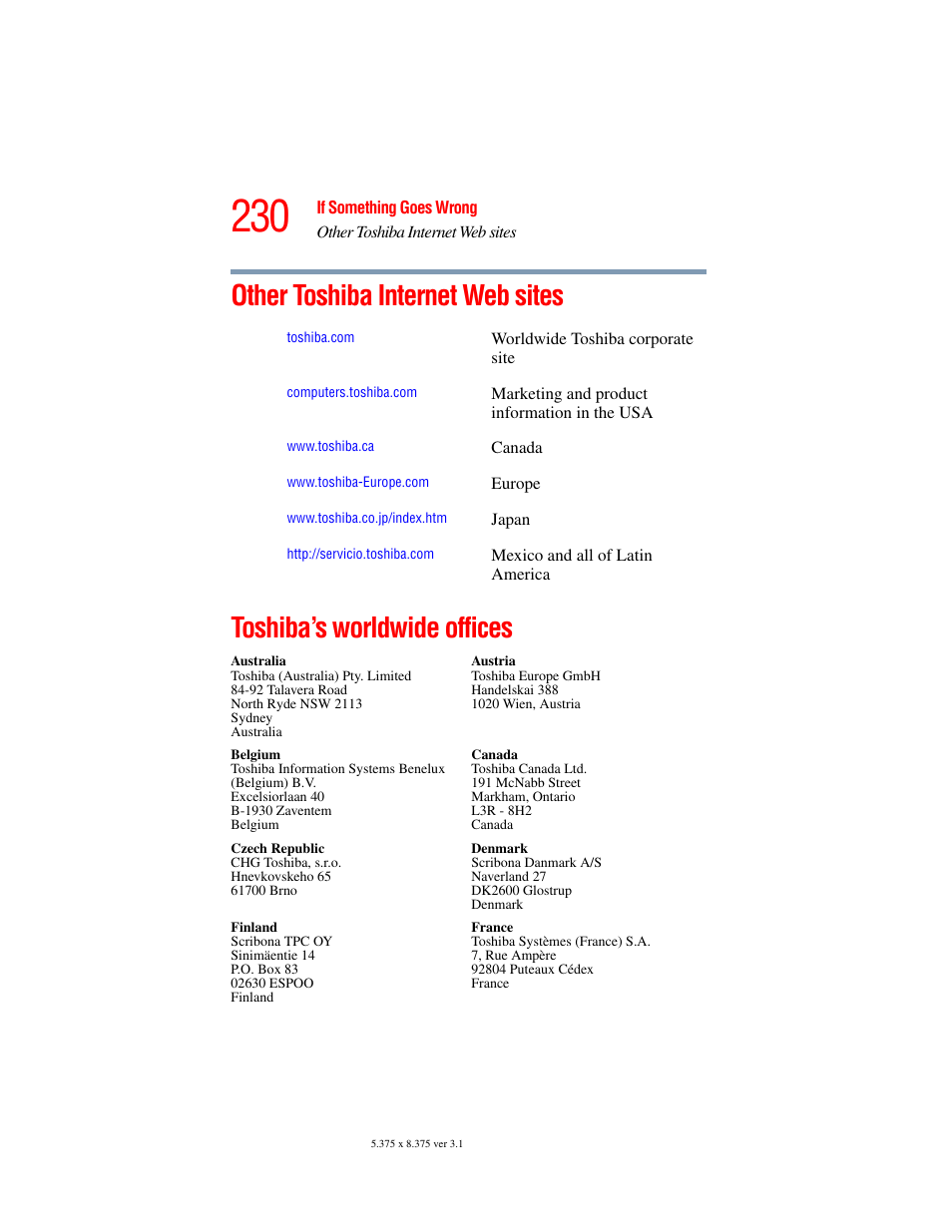 Other toshiba internet web sites, Toshiba’s worldwide offices | Toshiba A45 User Manual | Page 230 / 277