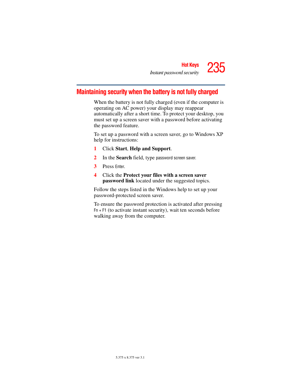 Maintaining security, When the battery is not fully charged | Toshiba A45 User Manual | Page 235 / 277