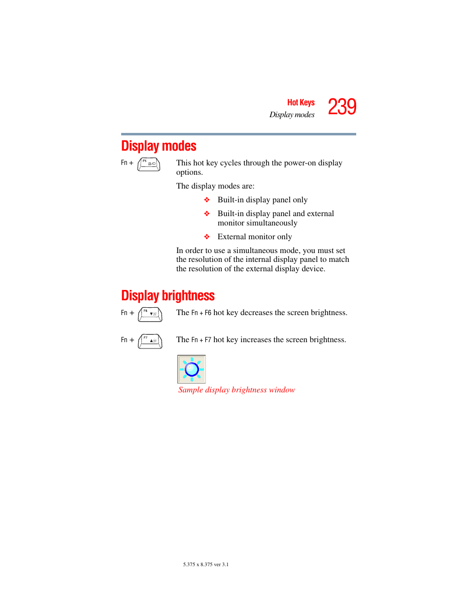 Display modes, Display brightness, Display modes display brightness | Toshiba A45 User Manual | Page 239 / 277