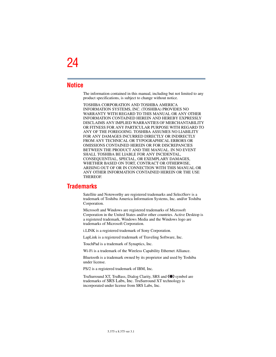 Notice, Trademarks | Toshiba A45 User Manual | Page 24 / 277