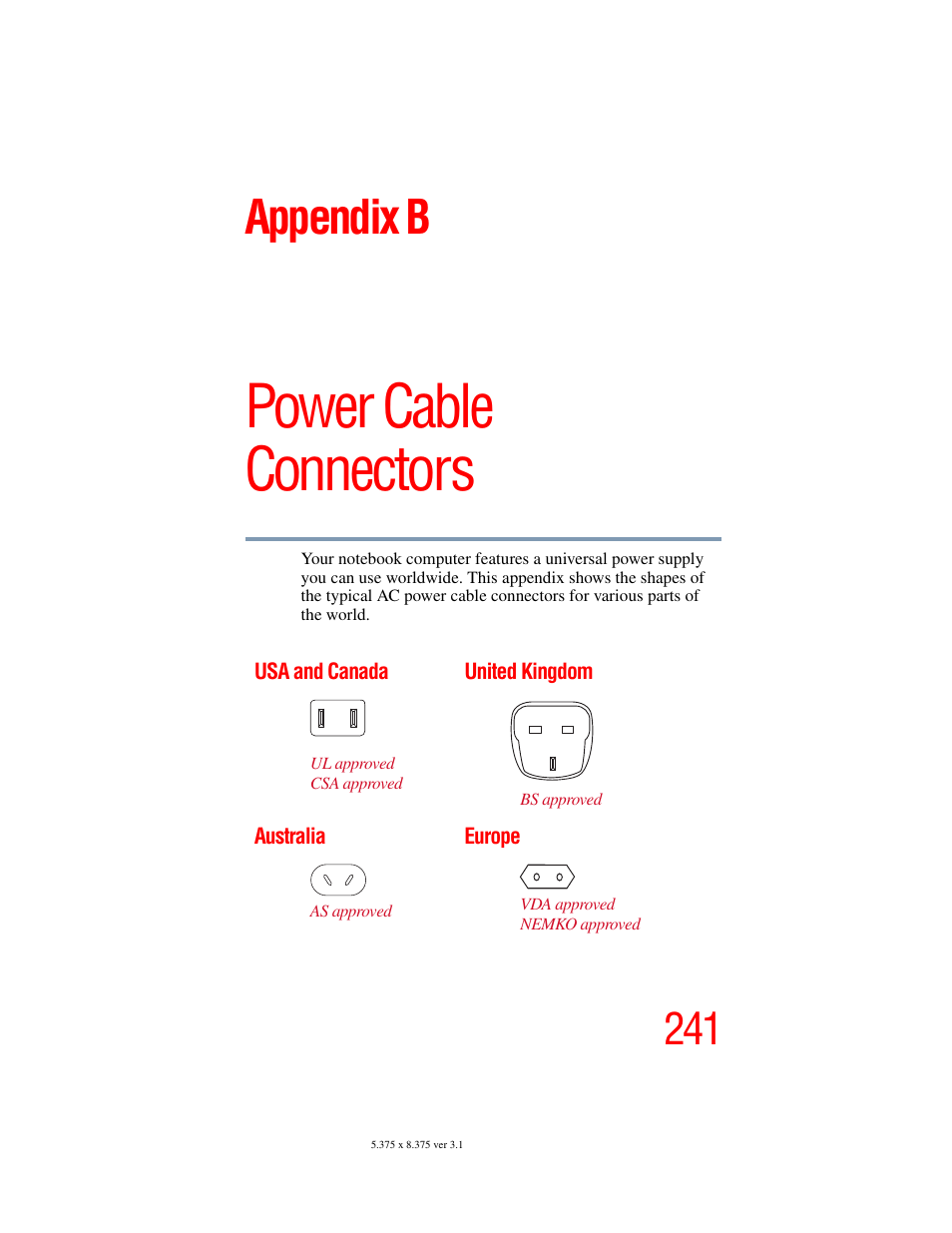 Appendix b: power cable connectors, Power cable connectors, Appendix b | Toshiba A45 User Manual | Page 241 / 277