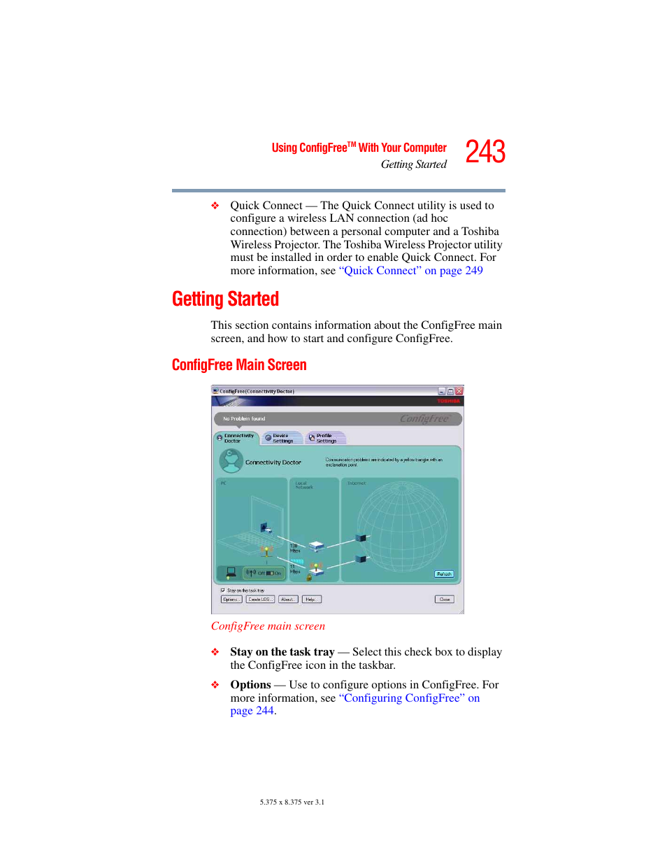 Getting started, Configfree main screen | Toshiba A45 User Manual | Page 243 / 277