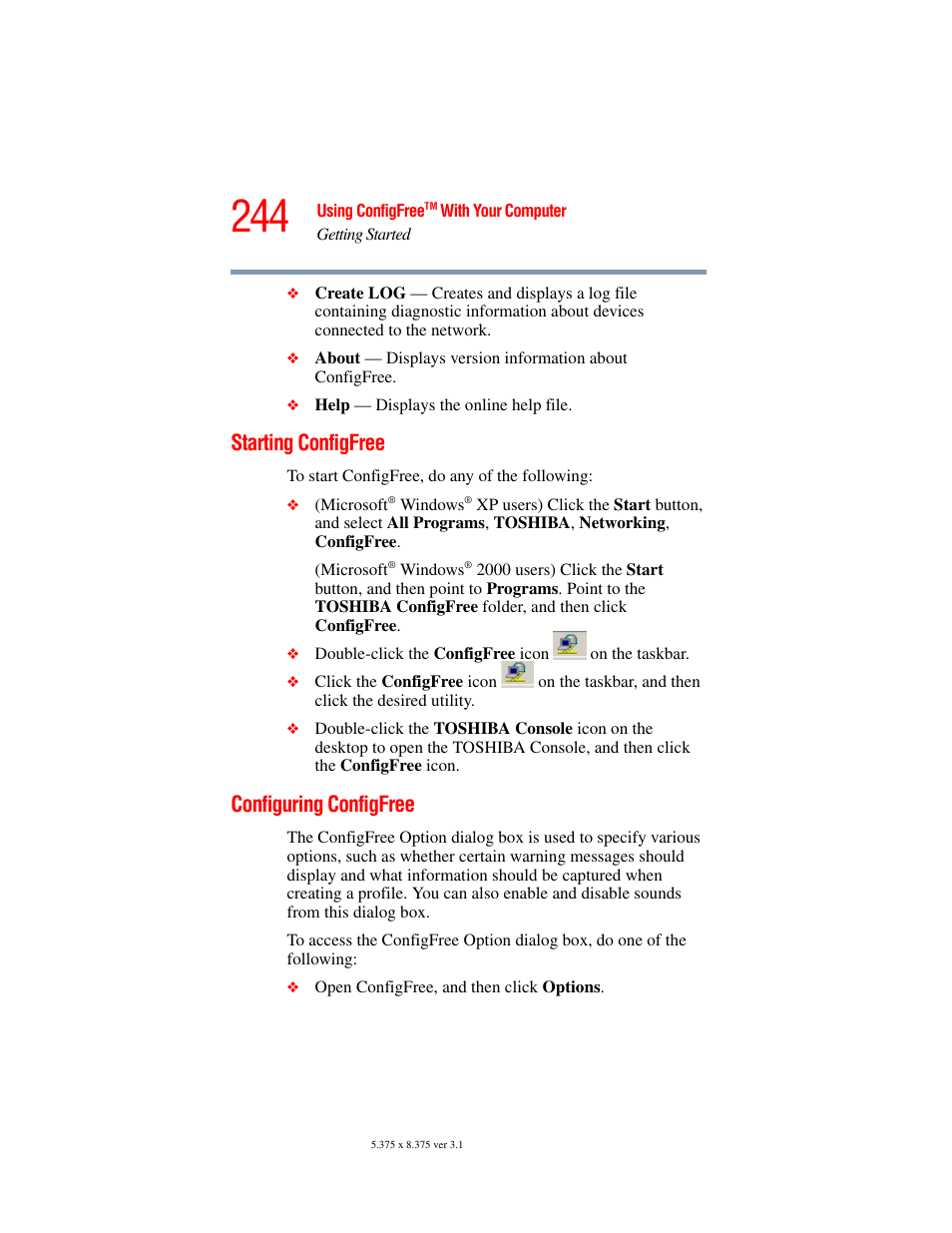 Starting configfree, Configuring configfree, Starting configfree configuring configfree | Toshiba A45 User Manual | Page 244 / 277