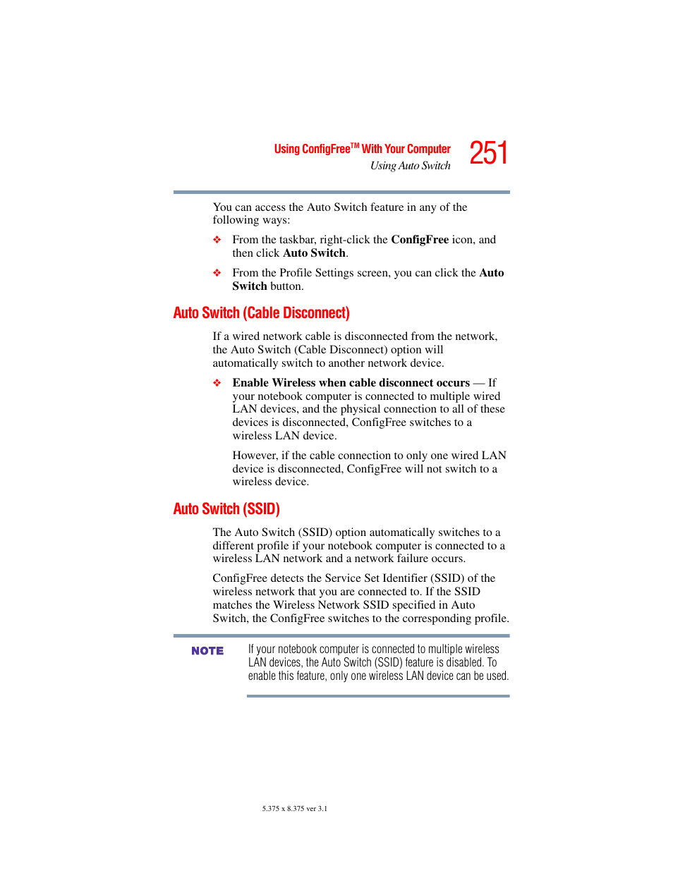 Auto switch (cable disconnect), Auto switch (ssid), Auto switch (cable disconnect) auto switch (ssid) | Toshiba A45 User Manual | Page 251 / 277