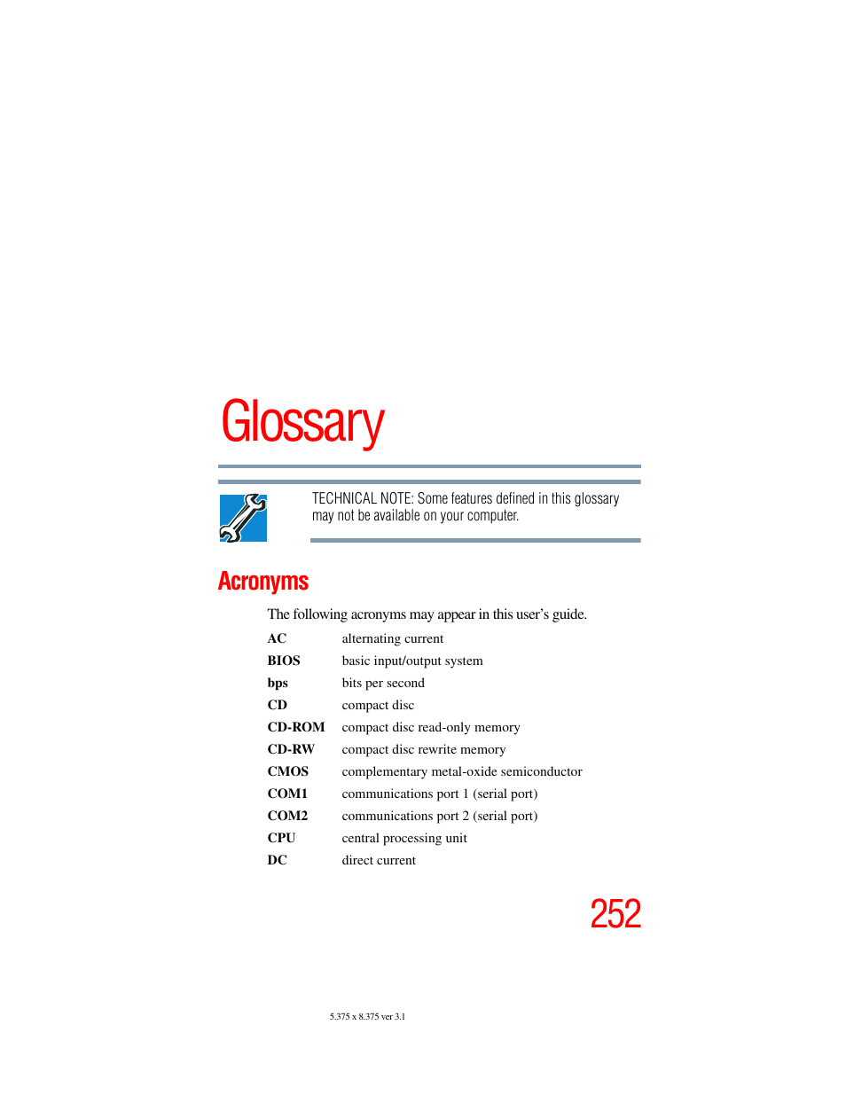 Glossary, Acronyms | Toshiba A45 User Manual | Page 252 / 277