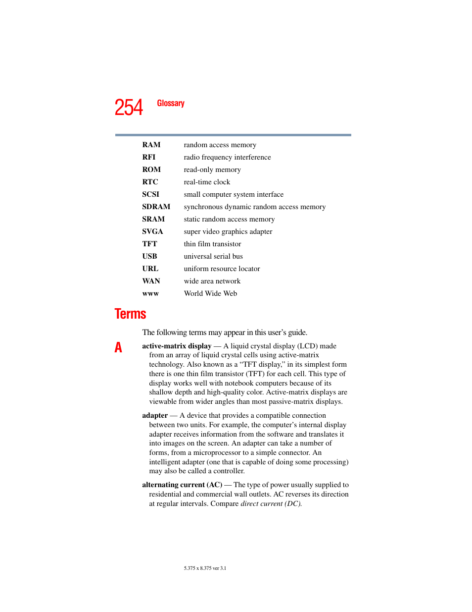 Terms | Toshiba A45 User Manual | Page 254 / 277