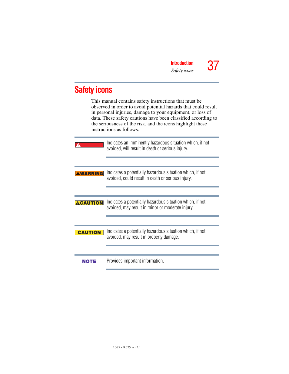 Safety icons | Toshiba A45 User Manual | Page 37 / 277