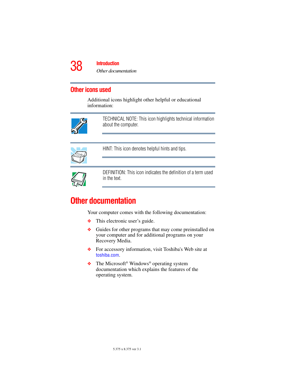 Other icons used, Other documentation | Toshiba A45 User Manual | Page 38 / 277