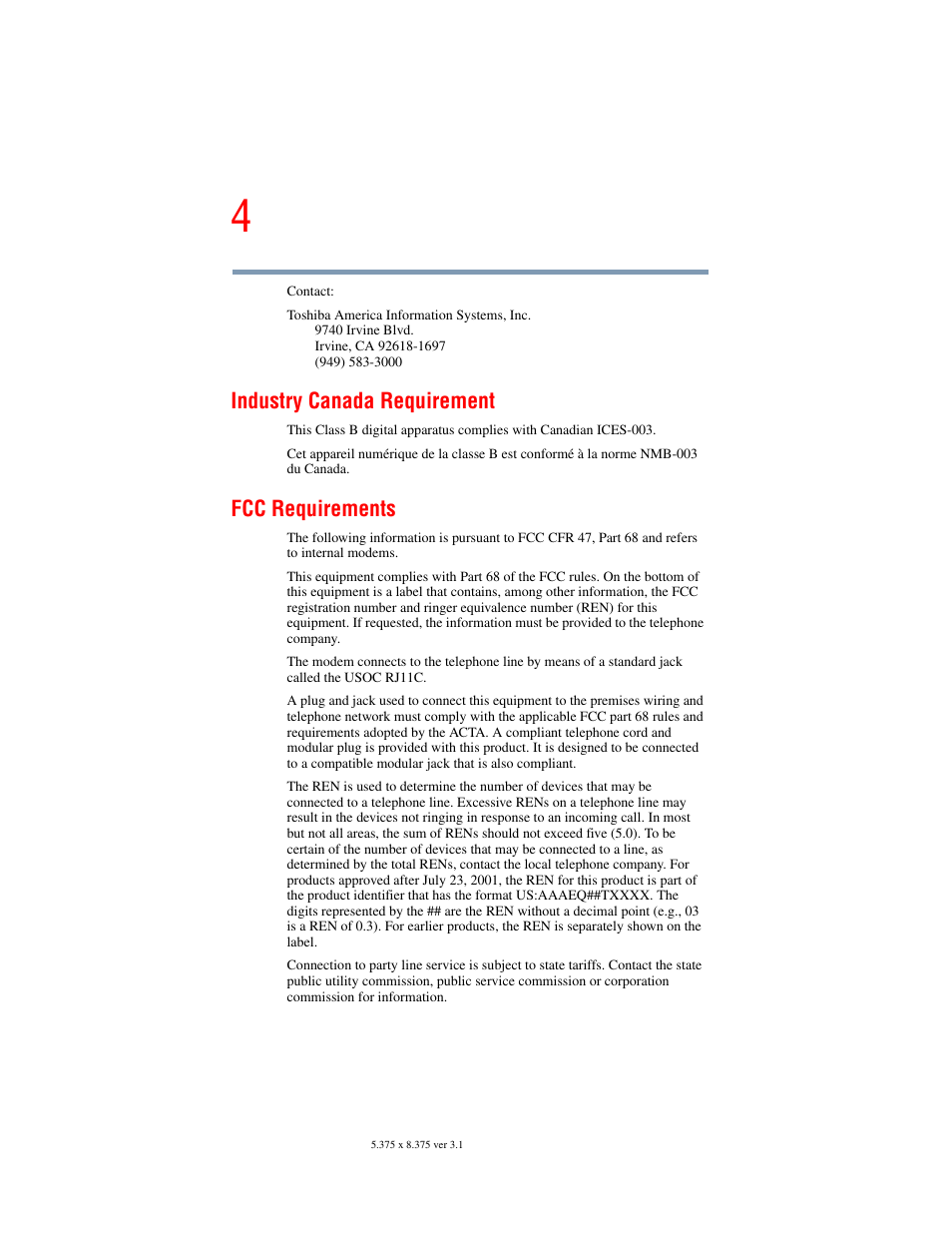 Industry canada requirement, Fcc requirements | Toshiba A45 User Manual | Page 4 / 277