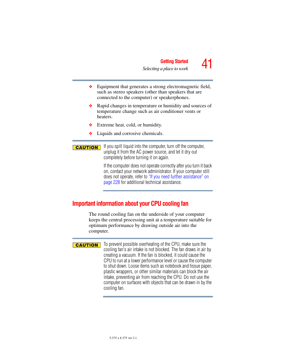 Important information about your cpu cooling fan, Important information, About your cpu cooling fan | Toshiba A45 User Manual | Page 41 / 277