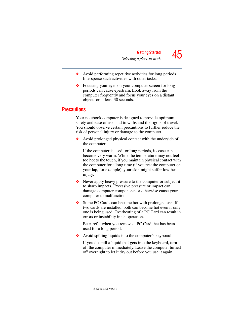 Precautions | Toshiba A45 User Manual | Page 45 / 277