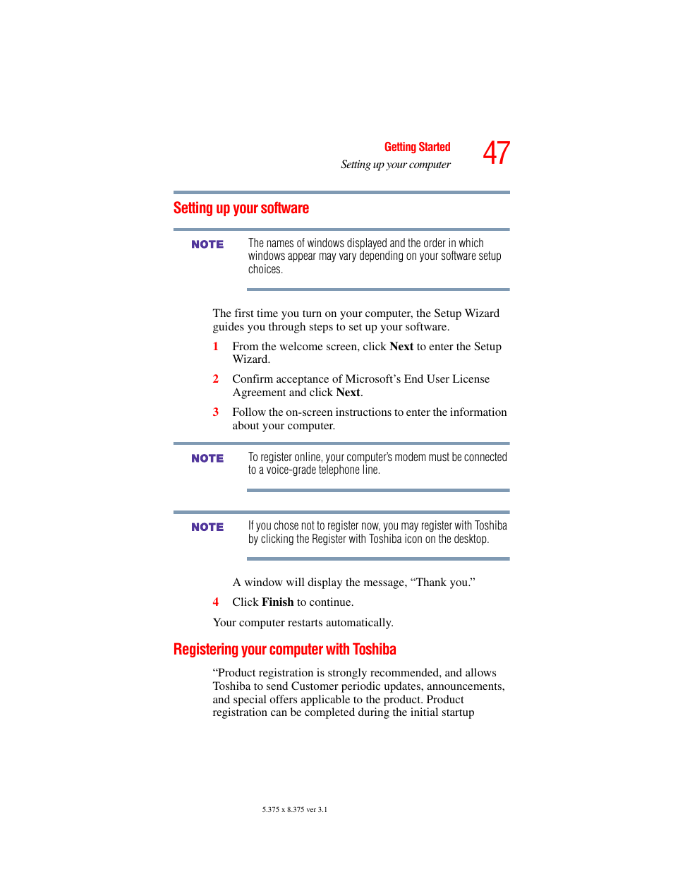 Setting up your software, Registering your computer with toshiba | Toshiba A45 User Manual | Page 47 / 277
