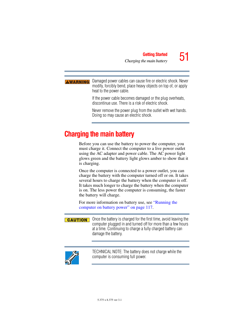 Charging the main battery | Toshiba A45 User Manual | Page 51 / 277