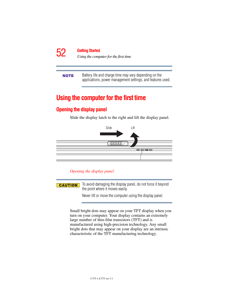 Using the computer for the first time, Opening the display panel | Toshiba A45 User Manual | Page 52 / 277