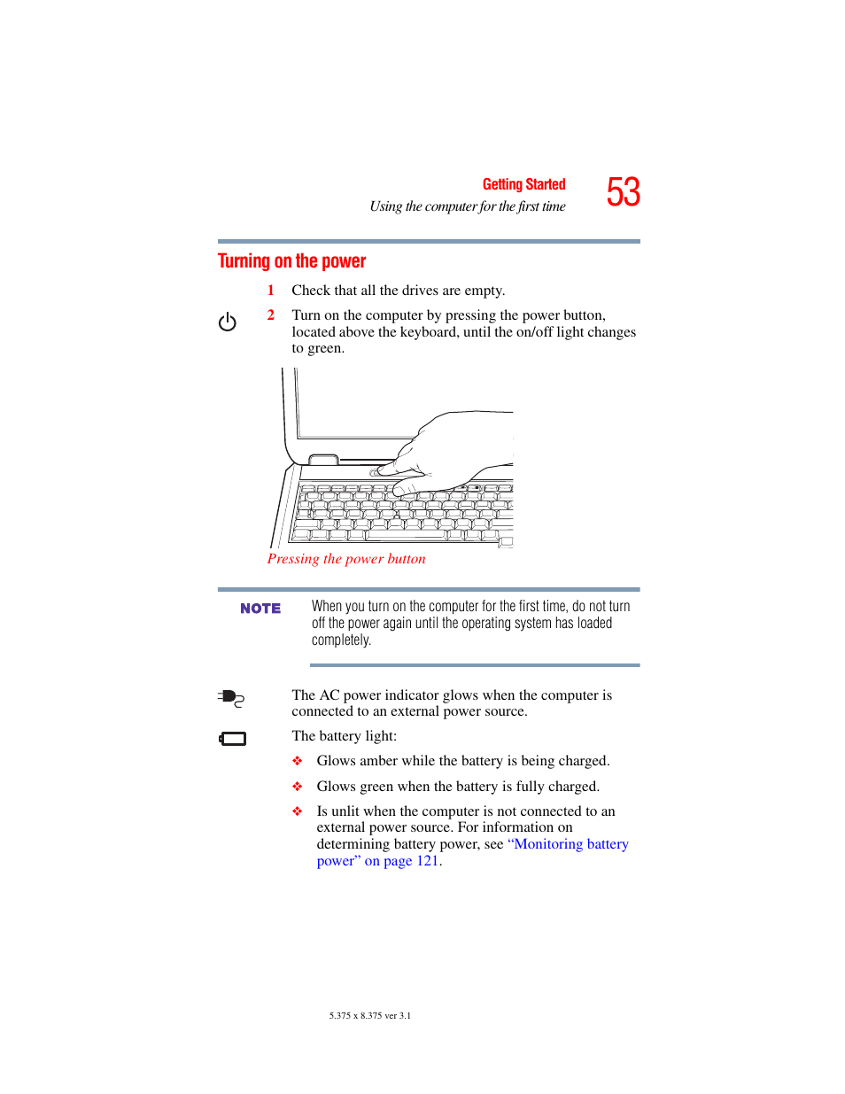 Turning on the power | Toshiba A45 User Manual | Page 53 / 277