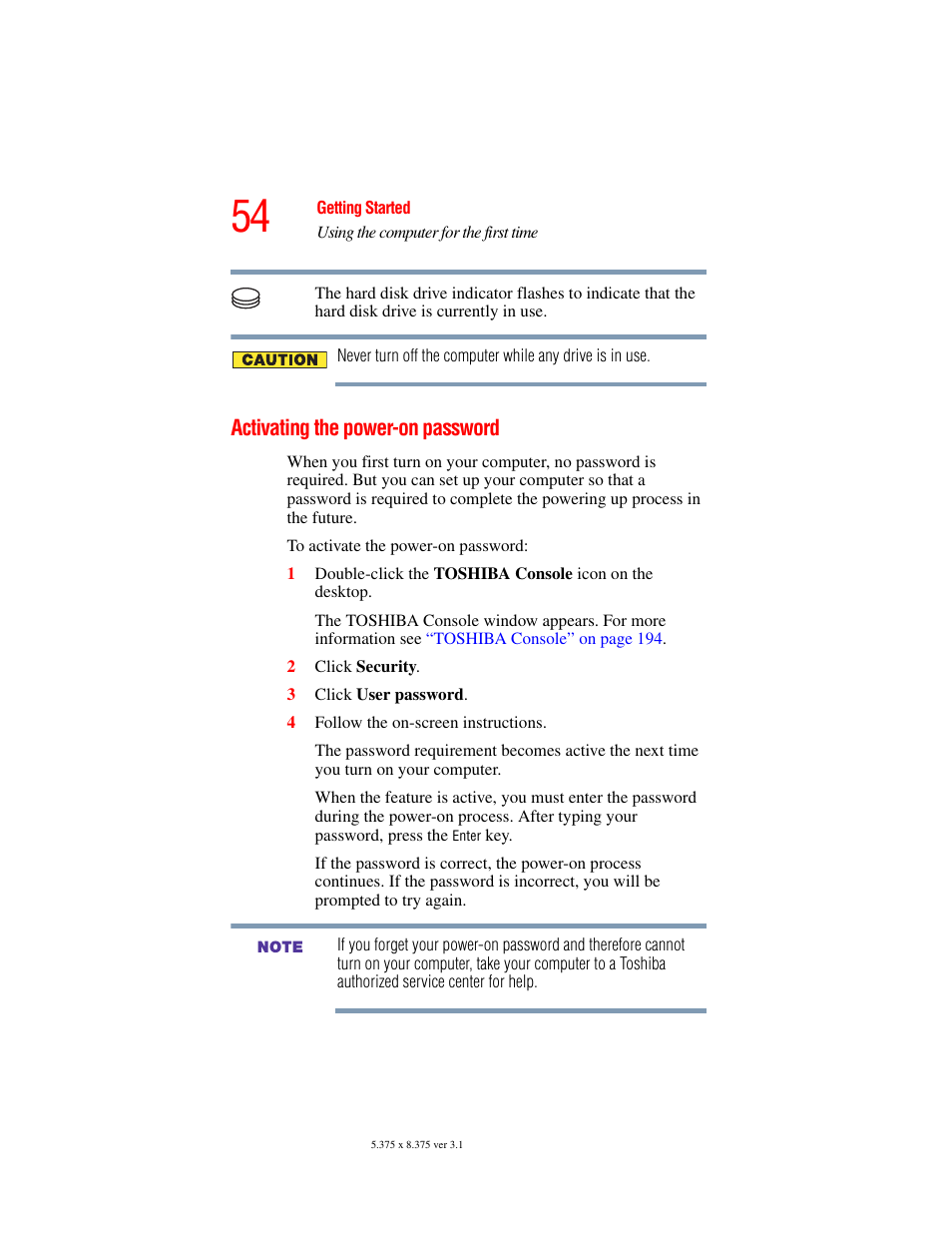 Activating the power-on password | Toshiba A45 User Manual | Page 54 / 277