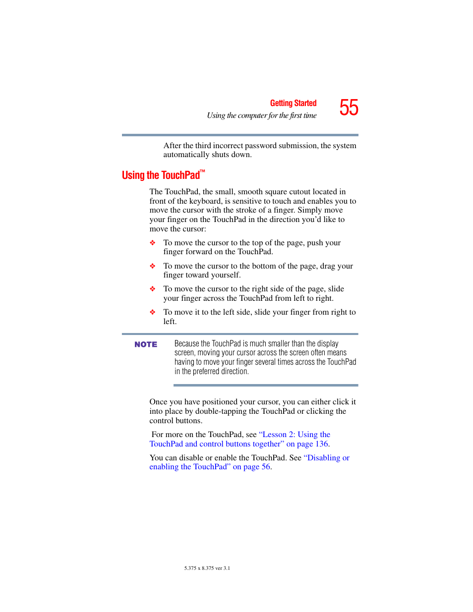 Using the touchpad | Toshiba A45 User Manual | Page 55 / 277