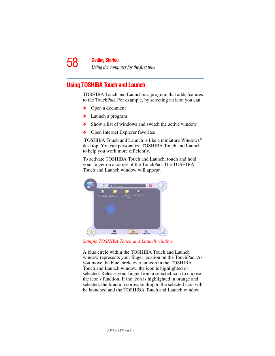 Using toshiba touch and launch | Toshiba A45 User Manual | Page 58 / 277