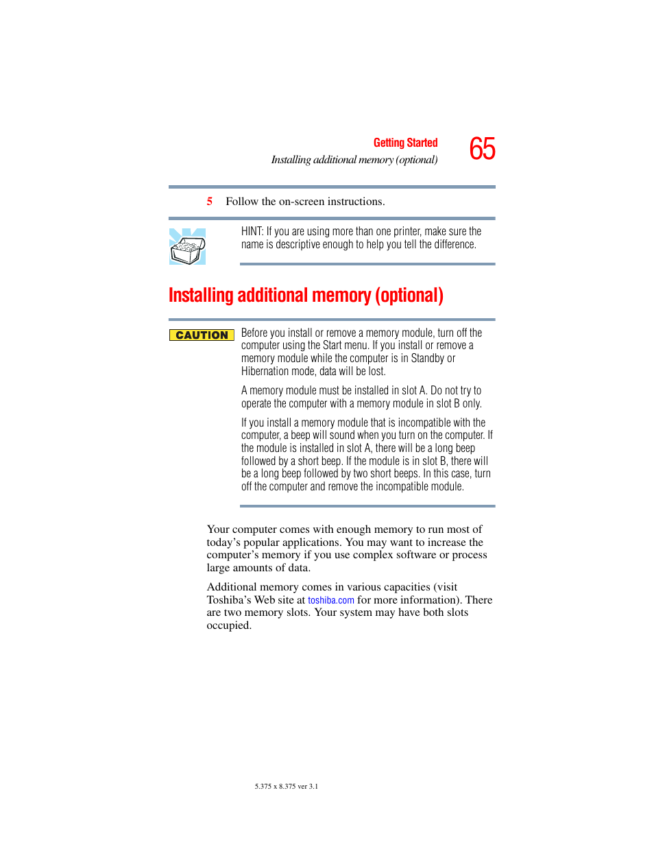 Installing additional memory (optional), Installing additional memory | Toshiba A45 User Manual | Page 65 / 277