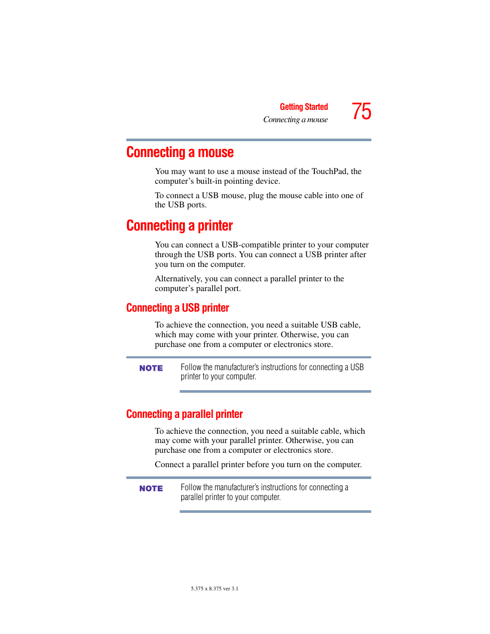 Connecting a mouse, Connecting a printer, Connecting a usb printer | Connecting a parallel printer, Connecting a mouse connecting a printer, Connect a local printer (see, Connecting a printer” on | Toshiba A45 User Manual | Page 75 / 277