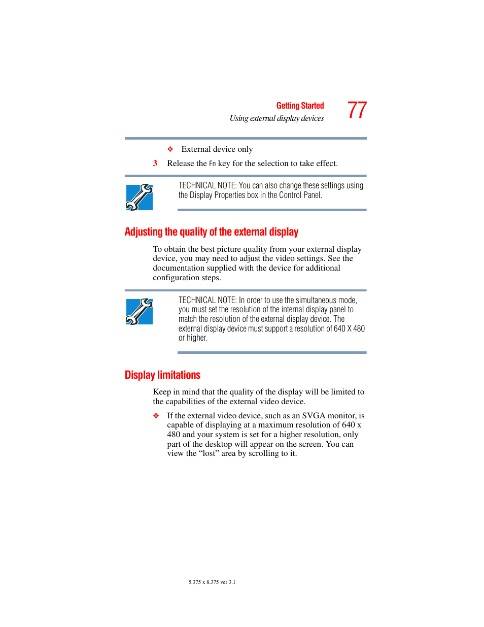 Adjusting the quality of the external display, Display limitations | Toshiba A45 User Manual | Page 77 / 277