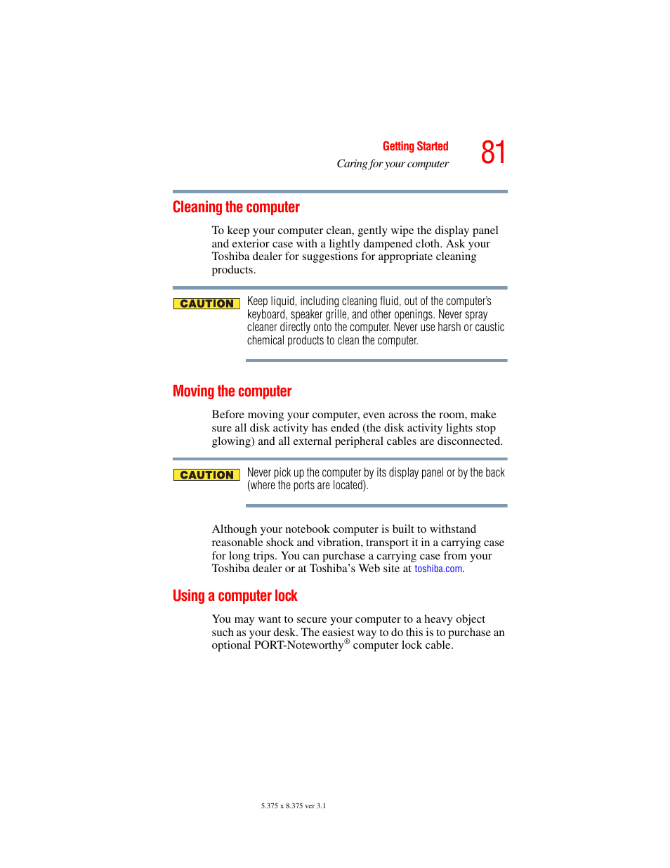 Cleaning the computer, Moving the computer, Using a computer lock | Toshiba A45 User Manual | Page 81 / 277