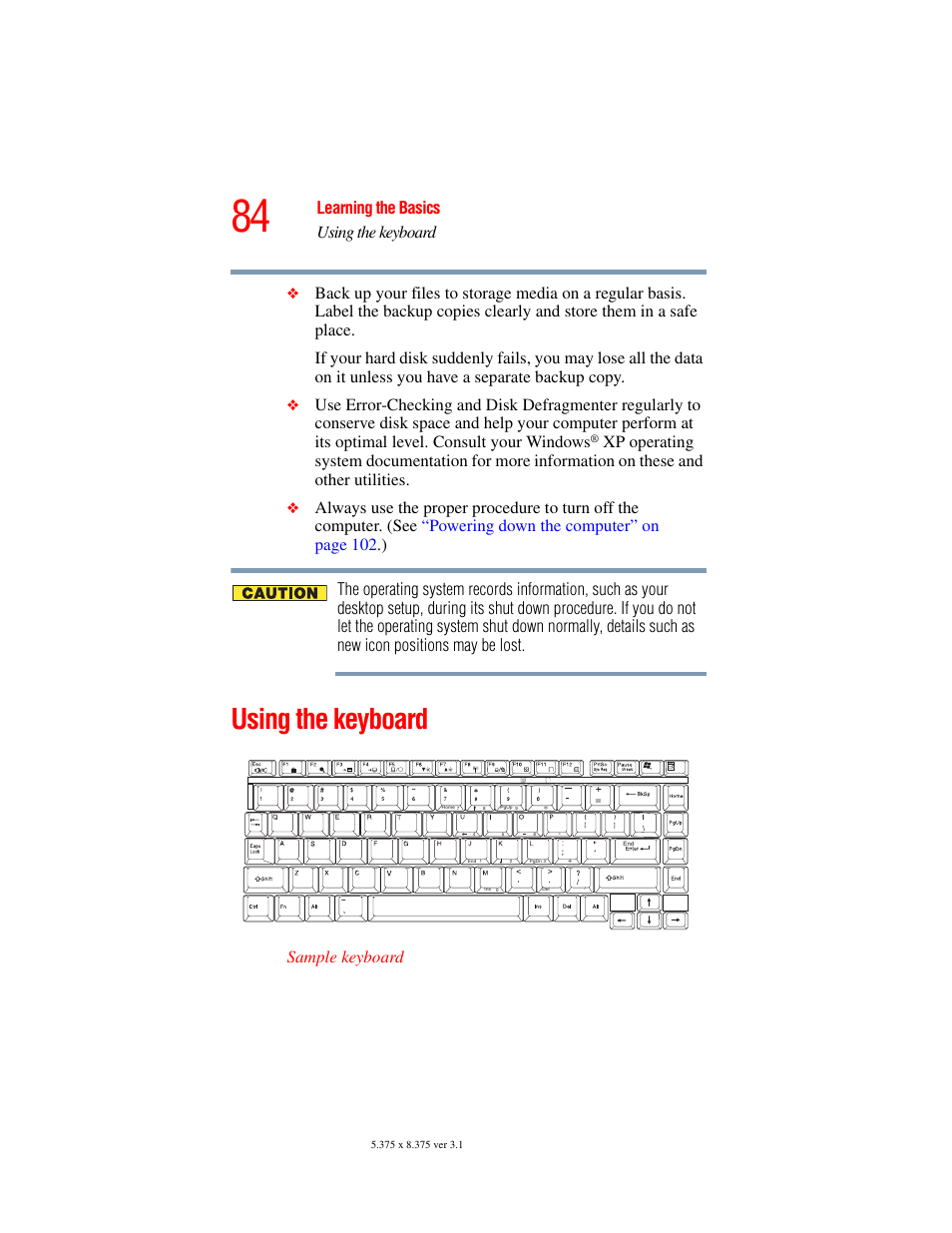 Using the keyboard, Learning the basics using the keyboard, Sample keyboard | Toshiba A45 User Manual | Page 84 / 277