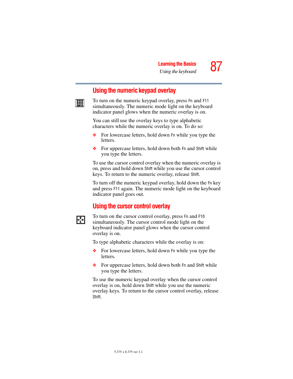 Using the numeric keypad overlay, Using the cursor control overlay | Toshiba A45 User Manual | Page 87 / 277