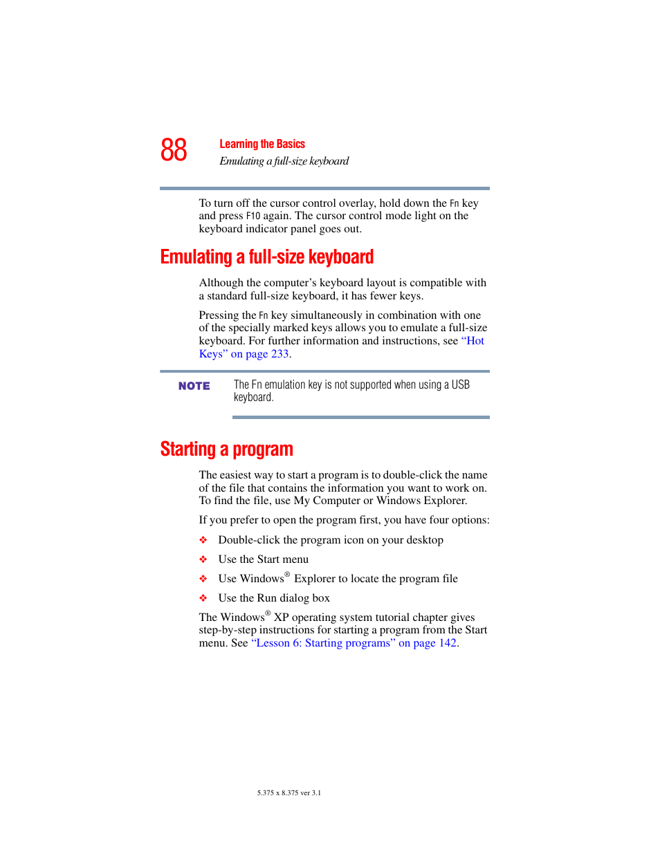 Emulating a full-size keyboard, Starting a program, Emulating a full-size keyboard starting a program | Toshiba A45 User Manual | Page 88 / 277