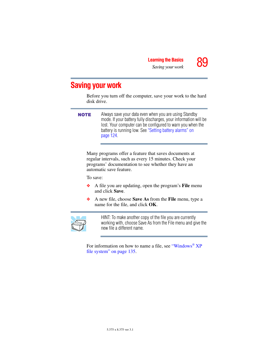 Saving your work | Toshiba A45 User Manual | Page 89 / 277