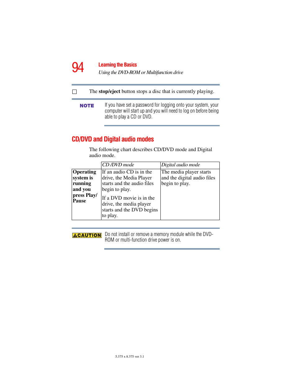 Cd/dvd and digital audio modes | Toshiba A45 User Manual | Page 94 / 277