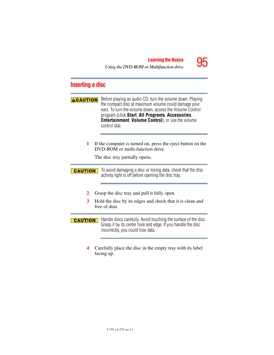 Inserting a disc | Toshiba A45 User Manual | Page 95 / 277