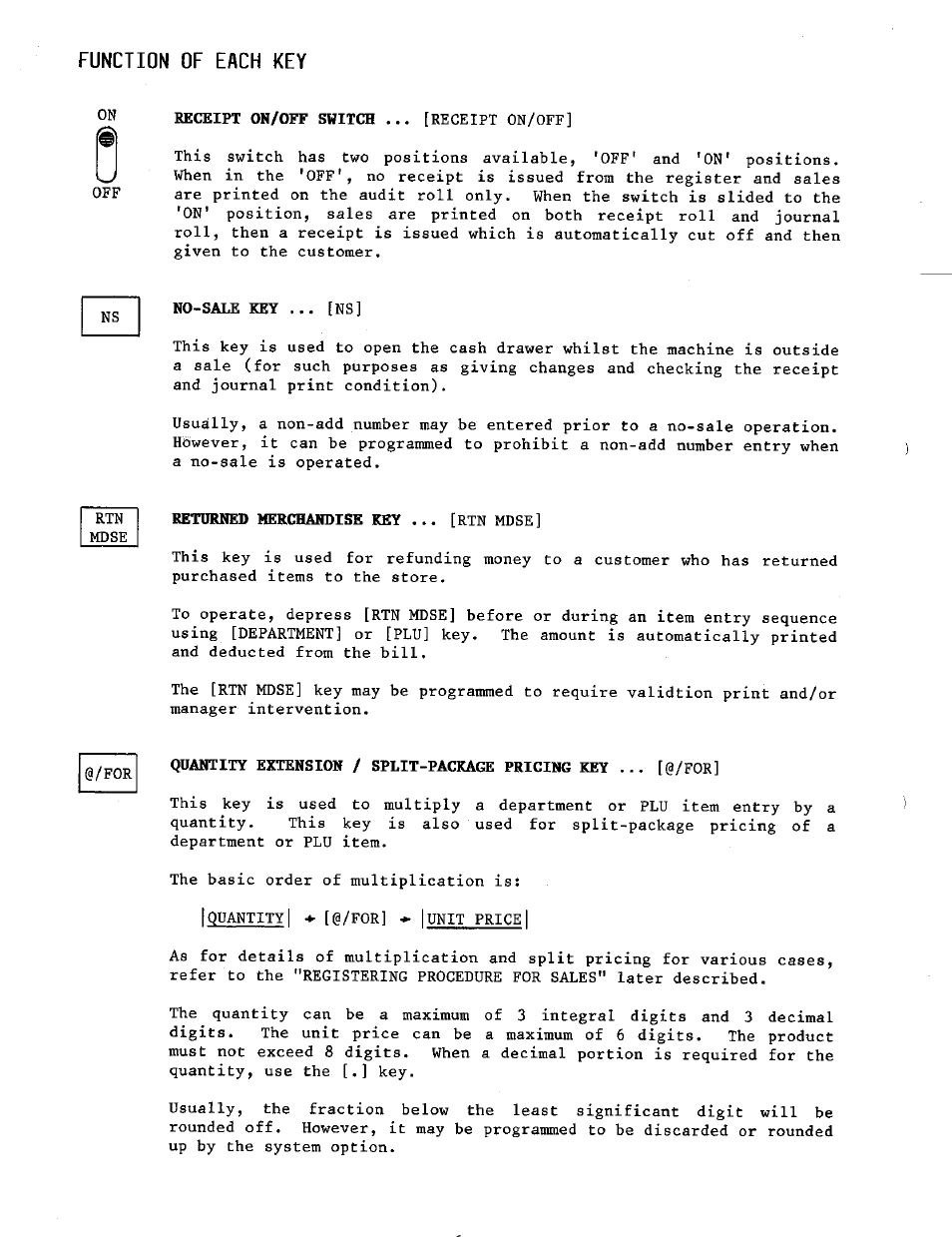 Function of each key, Receipt on/off switch, No-sale key | Returned merchandise key ... [rtn mdse | Toshiba TEC MA-230 User Manual | Page 10 / 56