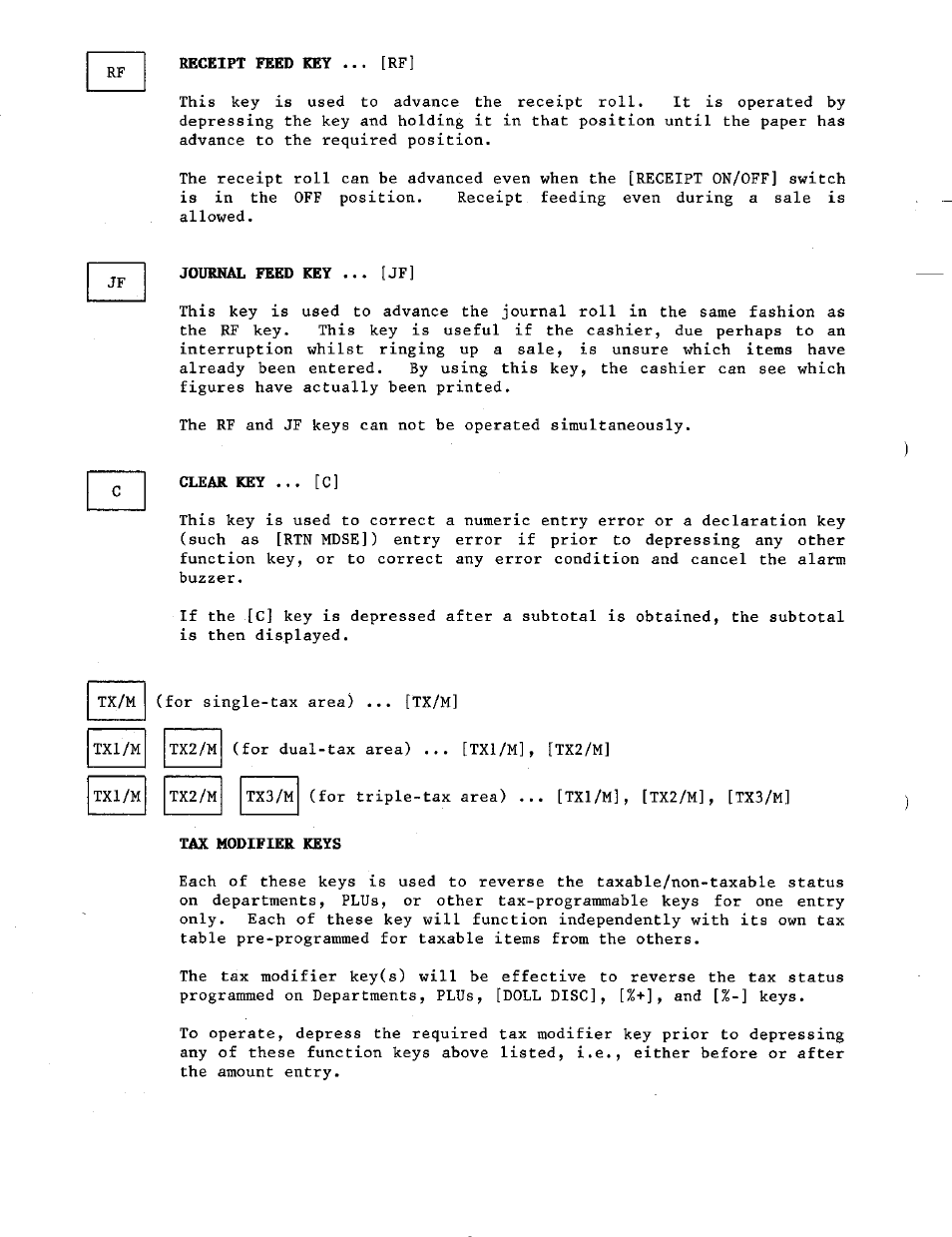 Receipt feed key, Journal feed key, Clear key | Tax modifier keys | Toshiba TEC MA-230 User Manual | Page 12 / 56