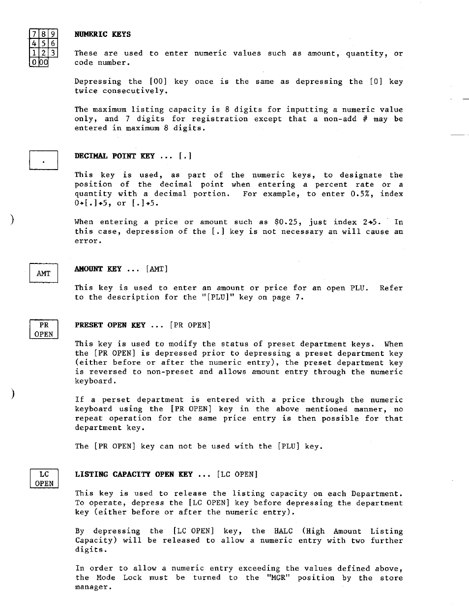 Numeric keys, Decimal point key, Amount key ... [amt | Listing capacity open key ... [lc open | Toshiba TEC MA-230 User Manual | Page 13 / 56
