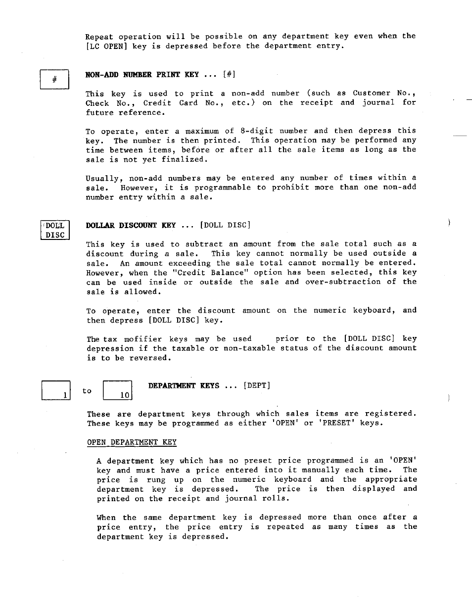 Non-add number print key, Dollar discount key, Department keys | Toshiba TEC MA-230 User Manual | Page 14 / 56