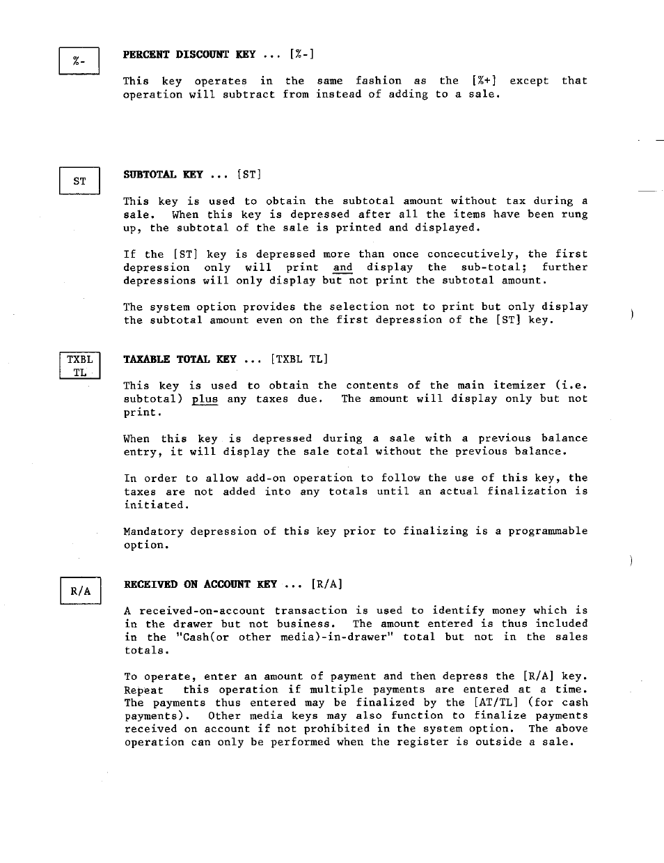 Percent discount key, Subtotal key, Received on account key | Toshiba TEC MA-230 User Manual | Page 16 / 56