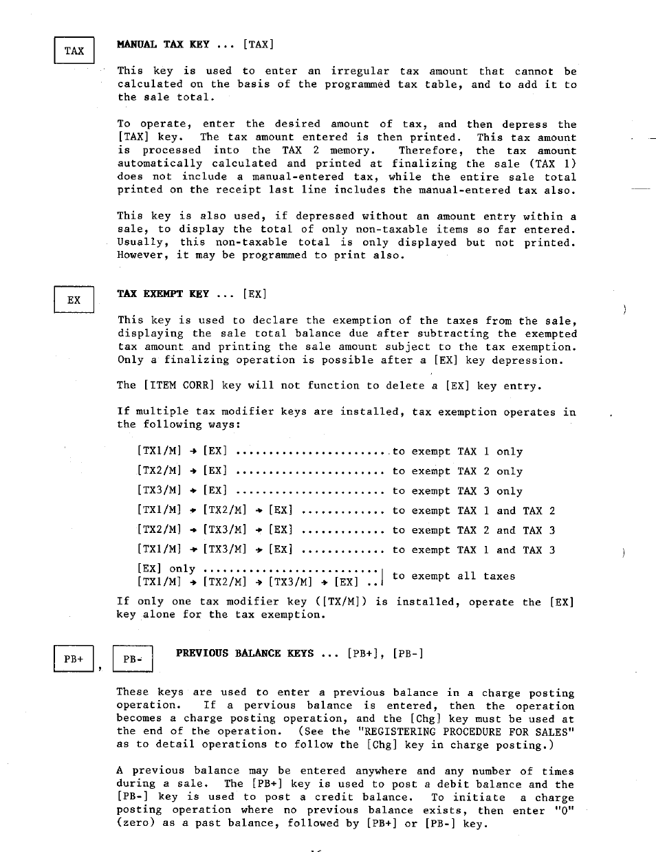 Manual tax key, Tax exempt key ... [ex, Previous balance keys | Toshiba TEC MA-230 User Manual | Page 20 / 56