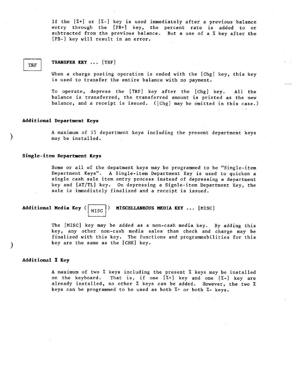 Transfer key, Additional department keys, Single-item department keys | Additional media key, Miscellaneous media key, Additional % key | Toshiba TEC MA-230 User Manual | Page 21 / 56