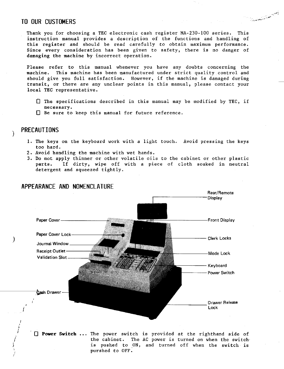 To our customers, Precautions, Appearance and nomenclature | Toshiba TEC MA-230 User Manual | Page 5 / 56