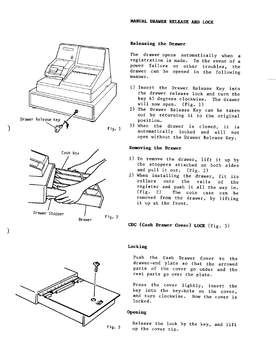 Releasing the drawer, Removing the drawer, Cdc (cash drawer cover) lock (fig. 3) | Locking, Opening | Toshiba TEC MA-230 User Manual | Page 53 / 56