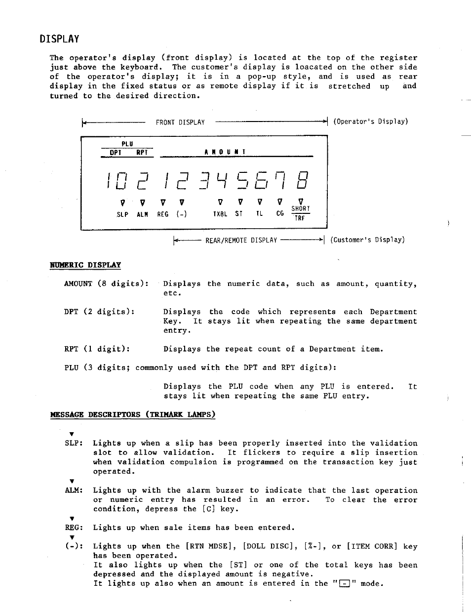 Display, Message descriptors (trimark lamps) | Toshiba TEC MA-230 User Manual | Page 8 / 56