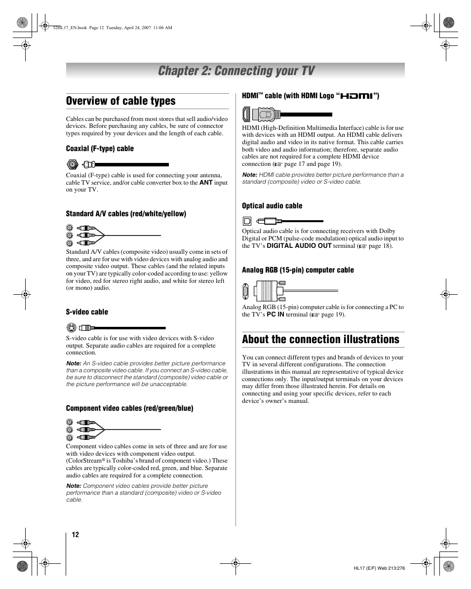 Chapter 2: connecting your tv, Overview of cable types, About the connection illustrations | Toshiba 32HL17 User Manual | Page 12 / 70