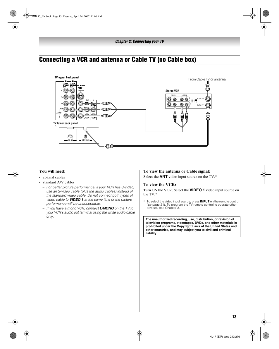 You will need | Toshiba 32HL17 User Manual | Page 13 / 70