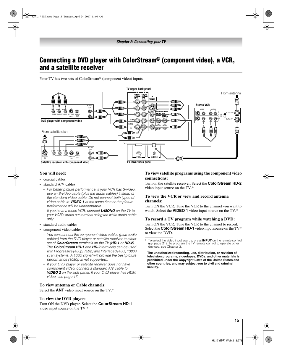 Connecting a dvd player with colorstream, Component video), a vcr, and a satellite receiver, You will need | Chapter 2: connecting your tv, Your tv has two sets of colorstream, Component video) inputs, Coaxial cables, Standard a/v cables, Standard audio cables, Component video cables | Toshiba 32HL17 User Manual | Page 15 / 70