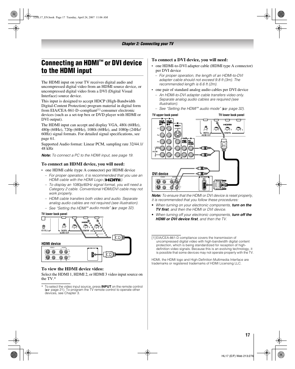 Connecting an hdmi, Or dvi device to the hdmi input | Toshiba 32HL17 User Manual | Page 17 / 70