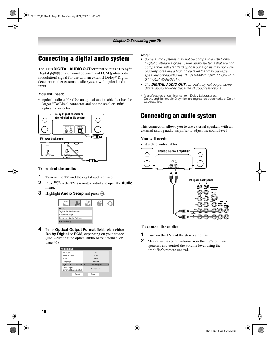 Connecting a digital audio system, Connecting an audio system, You will need | Toshiba 32HL17 User Manual | Page 18 / 70