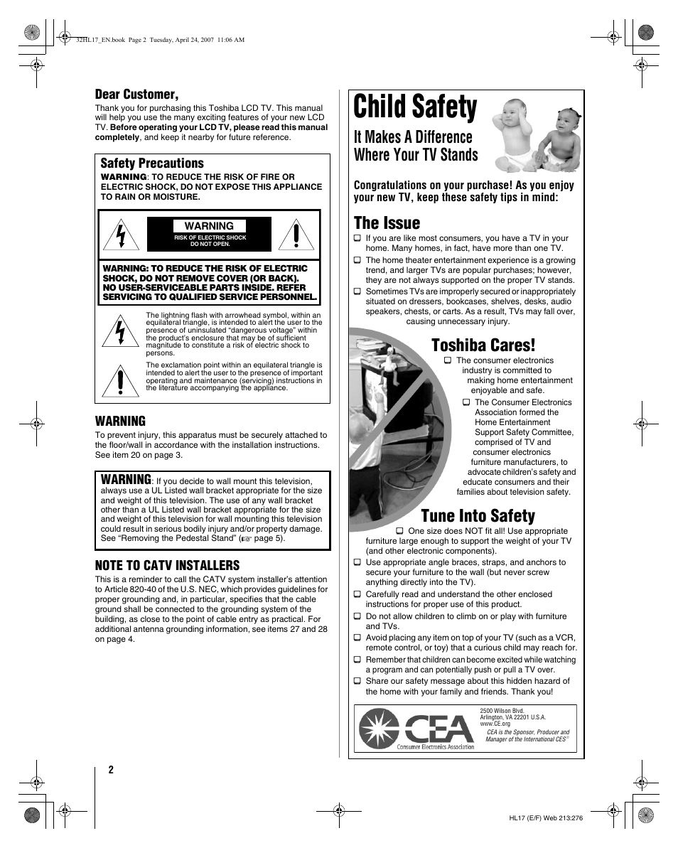 Child safety, It makes a difference where your tv stands, The issue | Toshiba cares, Tune into safety, Dear customer, Warning, Safety precautions | Toshiba 32HL17 User Manual | Page 2 / 70