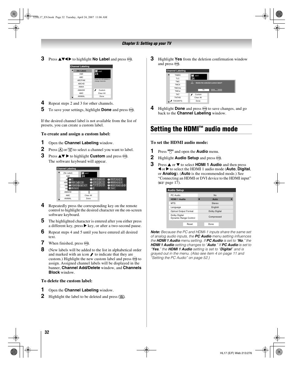 Setting the hdmi, Audio mode, Chapter 5: setting up your tv | Press bbc c to highlight no label and press t, Repeat steps 2 and 3 for other channels, Open the channel labeling window, Press < or , to select a channel you want to label, When finished, press t, Highlight the label to be deleted and press, Press y and open the audio menu | Toshiba 32HL17 User Manual | Page 32 / 70