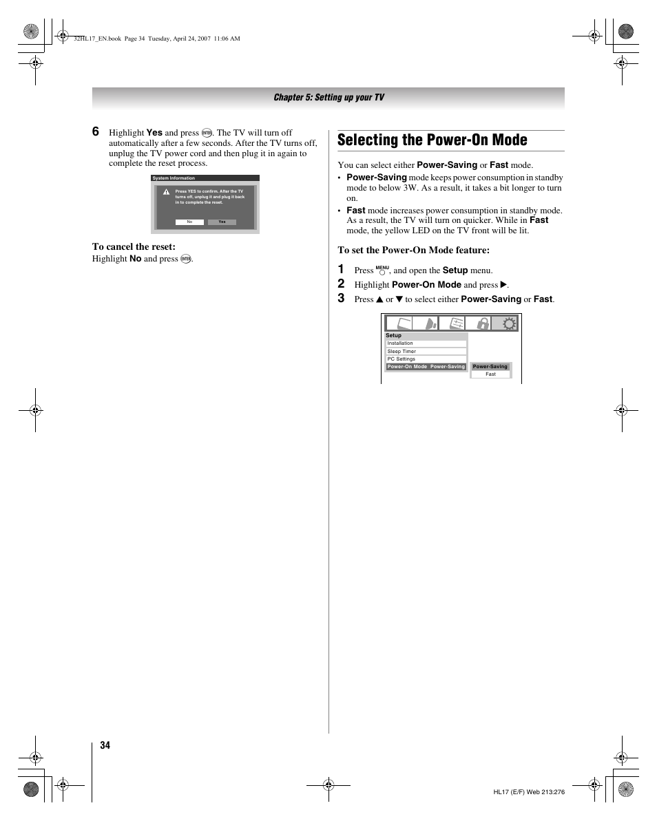 Selecting the power-on mode | Toshiba 32HL17 User Manual | Page 34 / 70